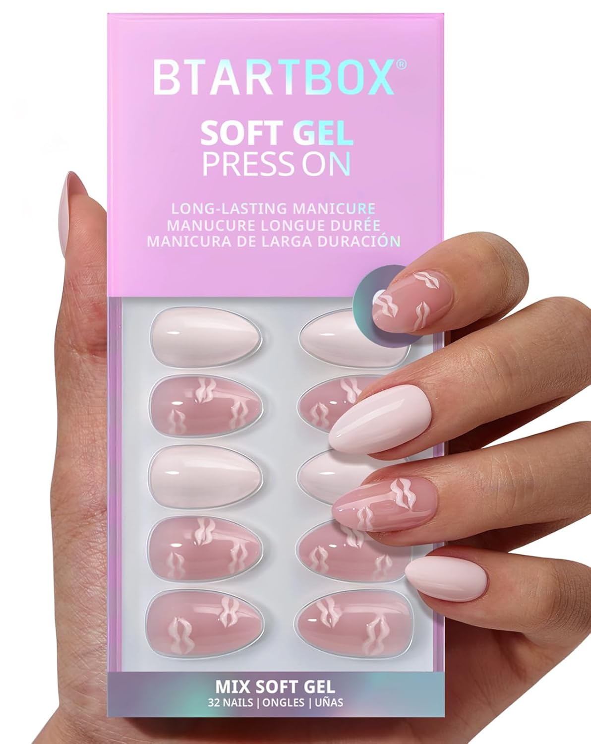 French Tip Press On Nails - Sunprint Dress | Lamp-Curable 4-Week Wear, Pink Short Almond, 16 Sizes, 32 Nails Kit