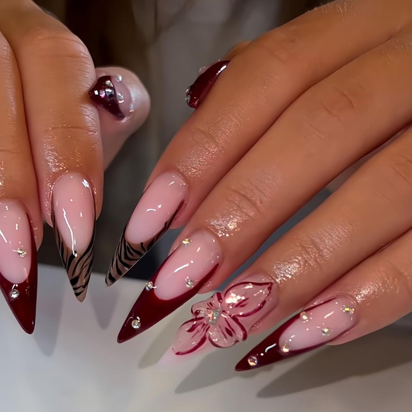 Almond Press-On Nails - Ombre French Tip with Butterfly Designs | 24 Pcs Set for Women