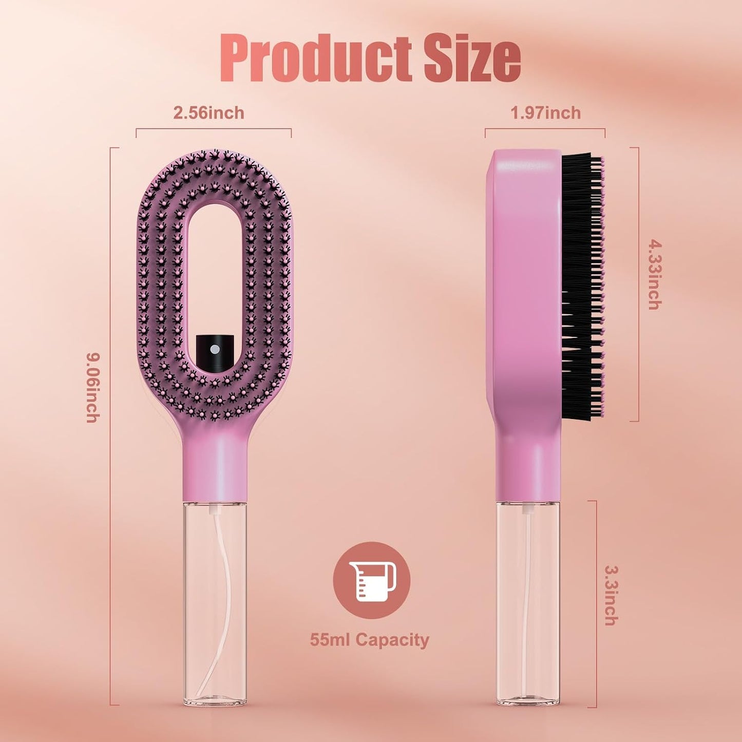 Portable Misting Hair Brush - 2-in-1 Wet & Dry Detangling Tool with Water Spray | Anti-Frizz, Suitable for All Hair Types (Pink)