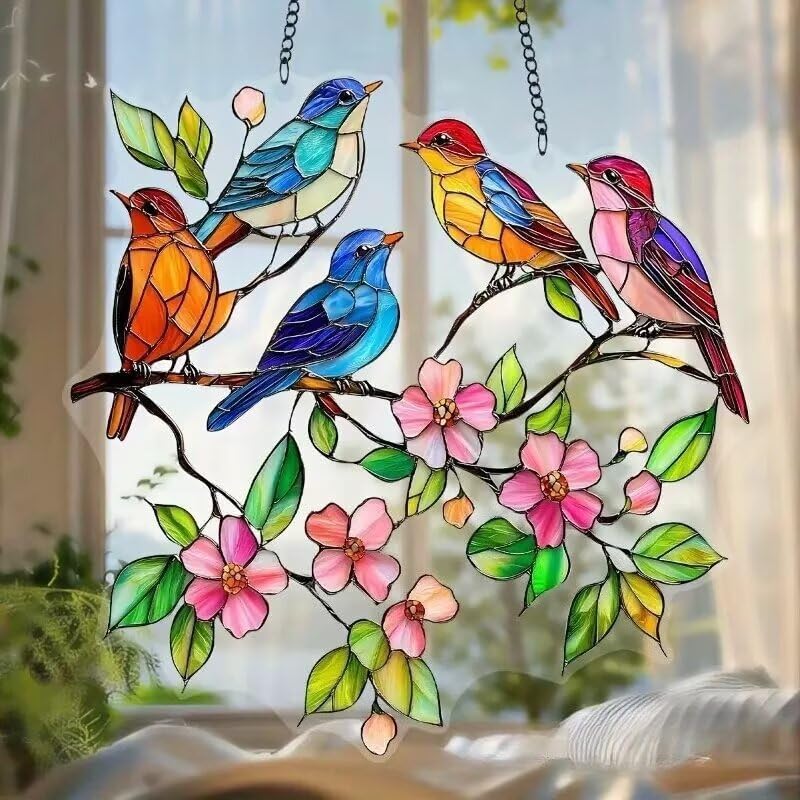 Acrylic Birds with Flowers Suncatcher - 7.08 Inch Stained Glass Style Window Decor | Rainbow Maker Wall Art & Garden Ornament