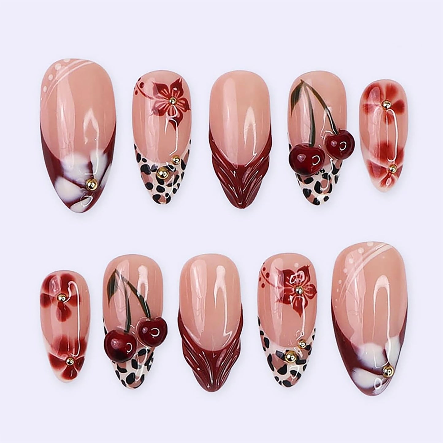 Christmas Press-On Nails - Medium Almond Acrylic Tips with Tree Wreath, Gold Beads & Rhinestones | Winter Holiday Design