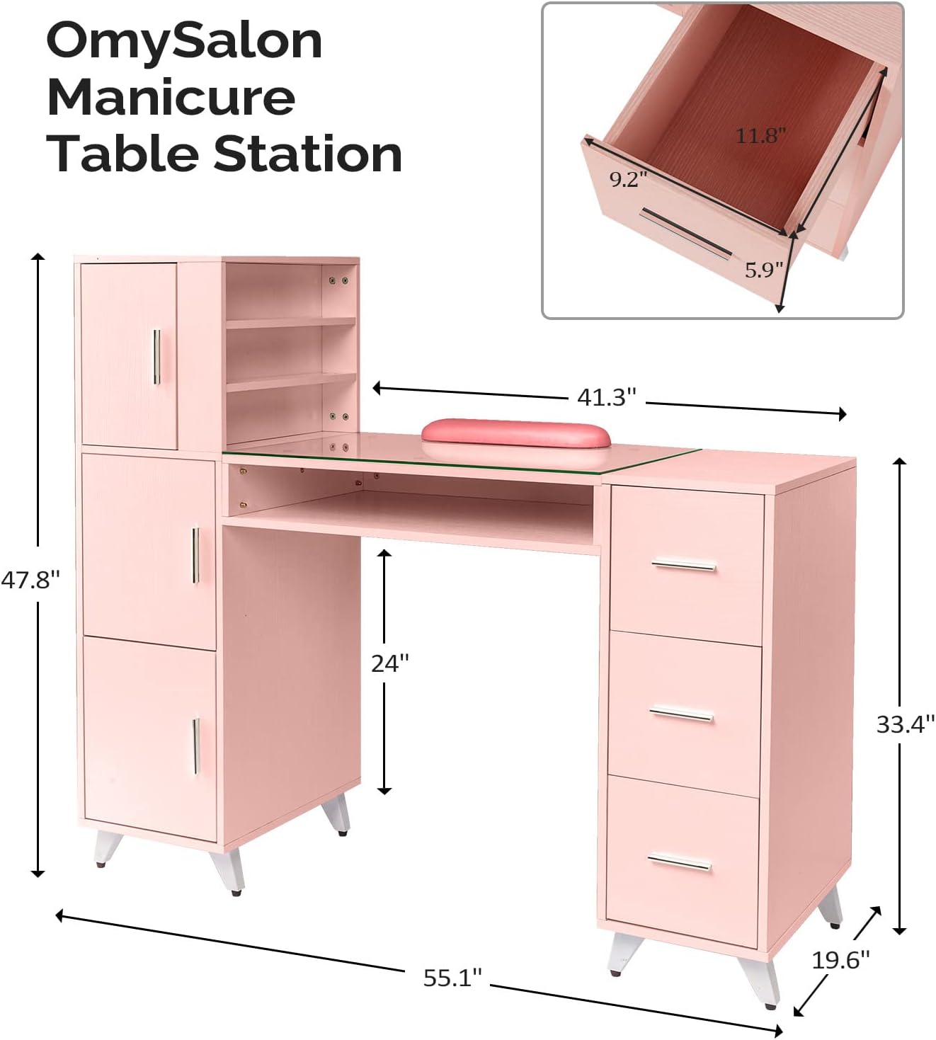 OmySalon Manicure Table - Nail Desk with Glass Top & Wrist Rest | Acetone Resistant, 3 Cabinets & Drawers