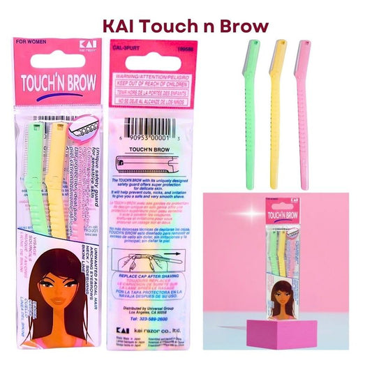 K-Munchies Kai Touch n Brow Eyebrow Razor for Women, 3 Count (Pack of 2), Facial Razor & Dermaplaning Tool with Safety Guard, Peach Fuzz Remover & Precision Brow Trimmer