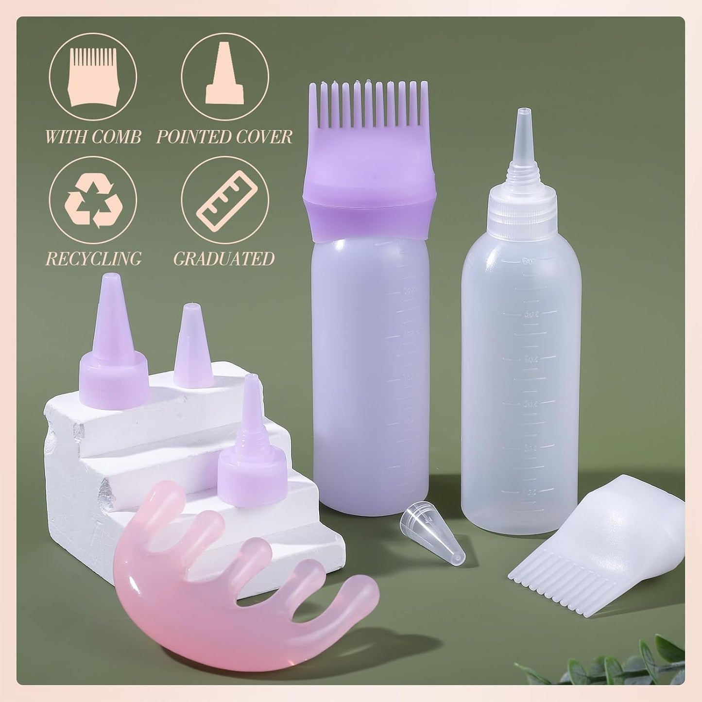 Hair Oil Applicator Bottle - Scalp & Root Comb Squeeze Bottle | 2 Pack (Purple, White) with 4 Pointed Mouth Cover & Massage Comb