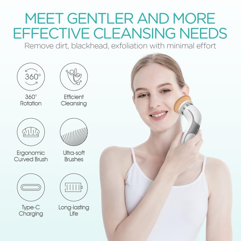 VOGOE Facial Cleansing Brush-Spin Face Scrubber Exfoliator Rechargeable, 2-Speed Rotation, Electric Face Wash Brushes for Cleansing and Exfoliating, with 2 Brush Heads, Grey