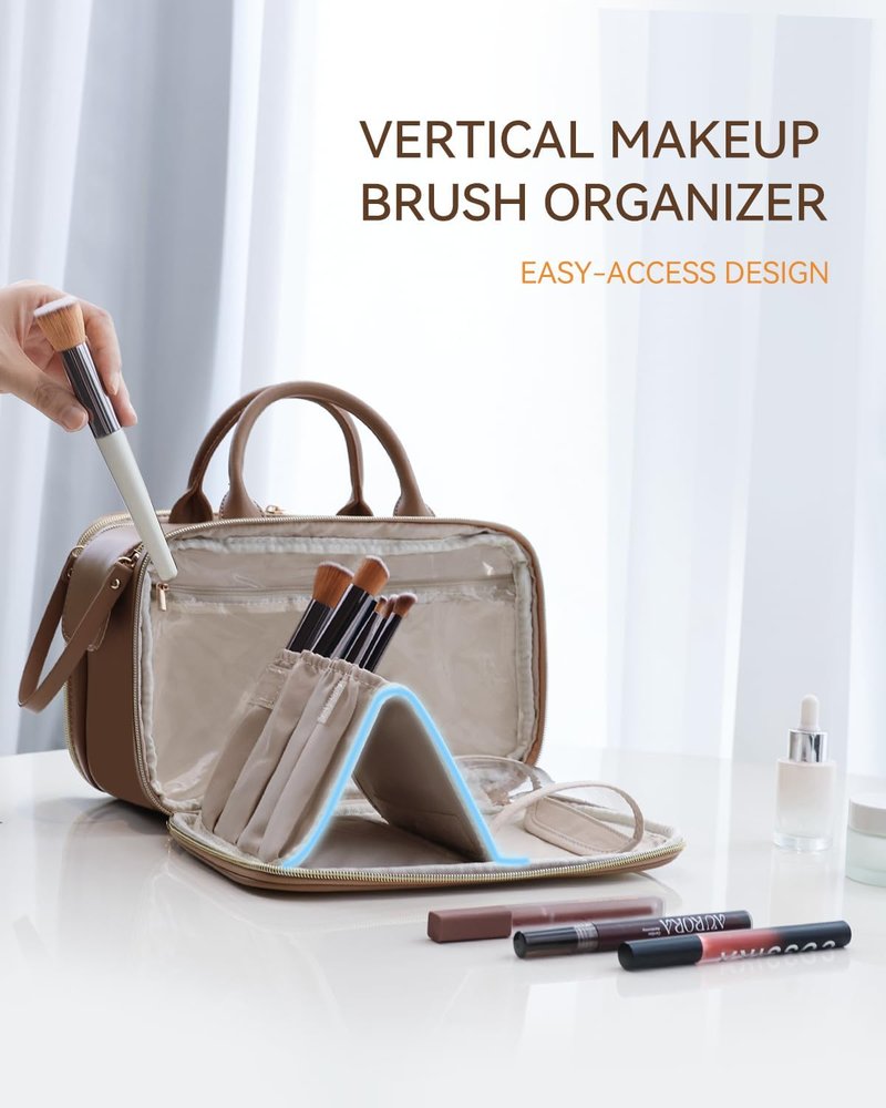 Makeup Bag for Women - Large Capacity Waterproof Travel Organizer | Portable Flat Toiletry Bag with Brush Holder (Brown Medium)