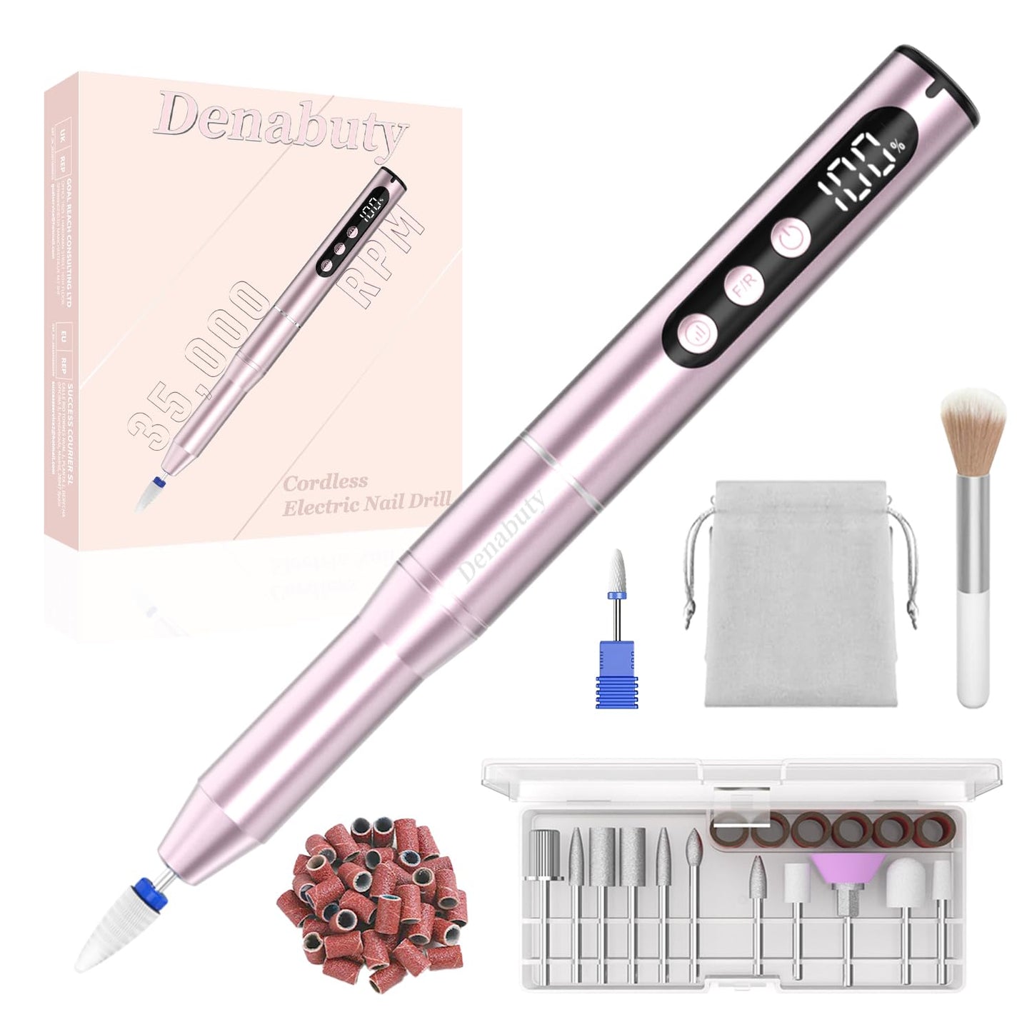 Electric Nail Drill - Cordless 35000RPM Portable Nail File with LCD Display | 12 Bits for Acrylic & Gel Nails, Pink Manicure Kit