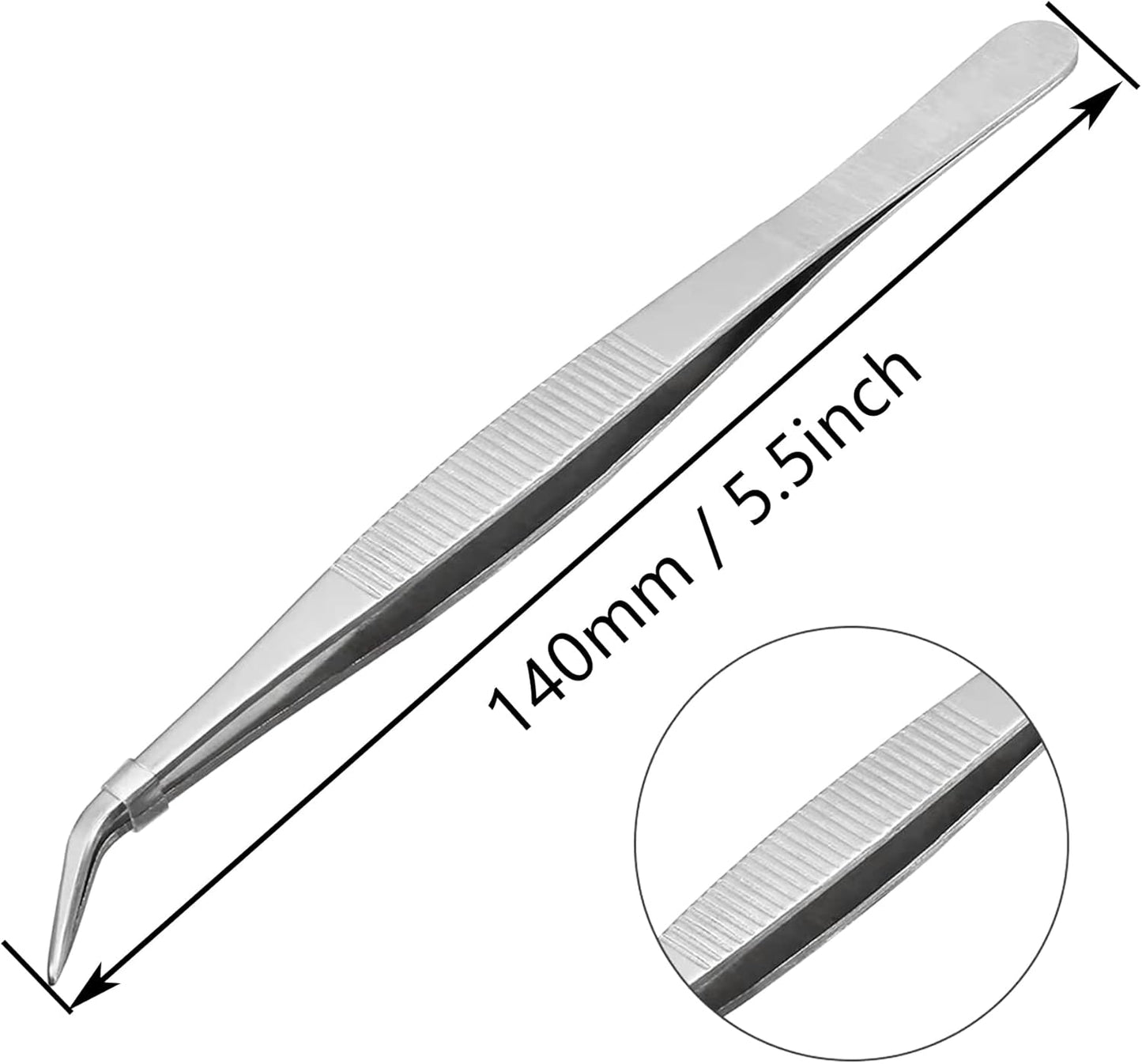 Precision Curved Tweezers - 5.5 Inch Bent Tip Metal Forceps for Jewelry, Sewing & Cooking | Serrated Flat Tips, Knurled Handles