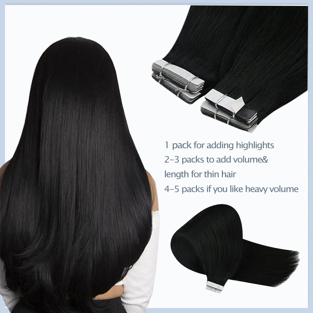 #1B Tape in Extensions Human Hair 24 Inch Natural Black Straight Tape in Seamless Extensions Real Human Hair Skin Weft Seamless Invisible Remy Hair 40g 10Pcs.