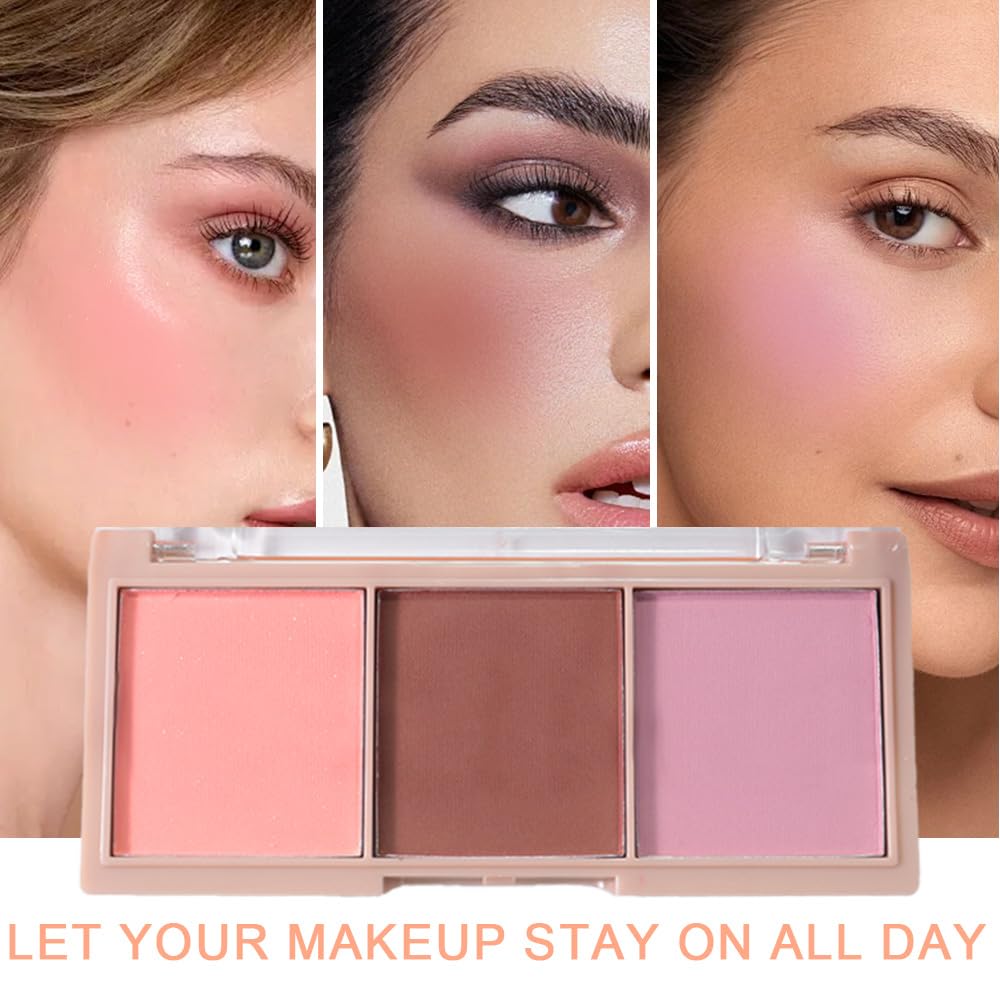 HHLTOH 3 Colors Face Matte Blush Palette Shading Blusher - Buildable Facial Cheek Blusher Contour Bronzing Pressed Powder Makeup Pallet Women Gift Set (3 Colors Blush Contour Palette with brush #02)