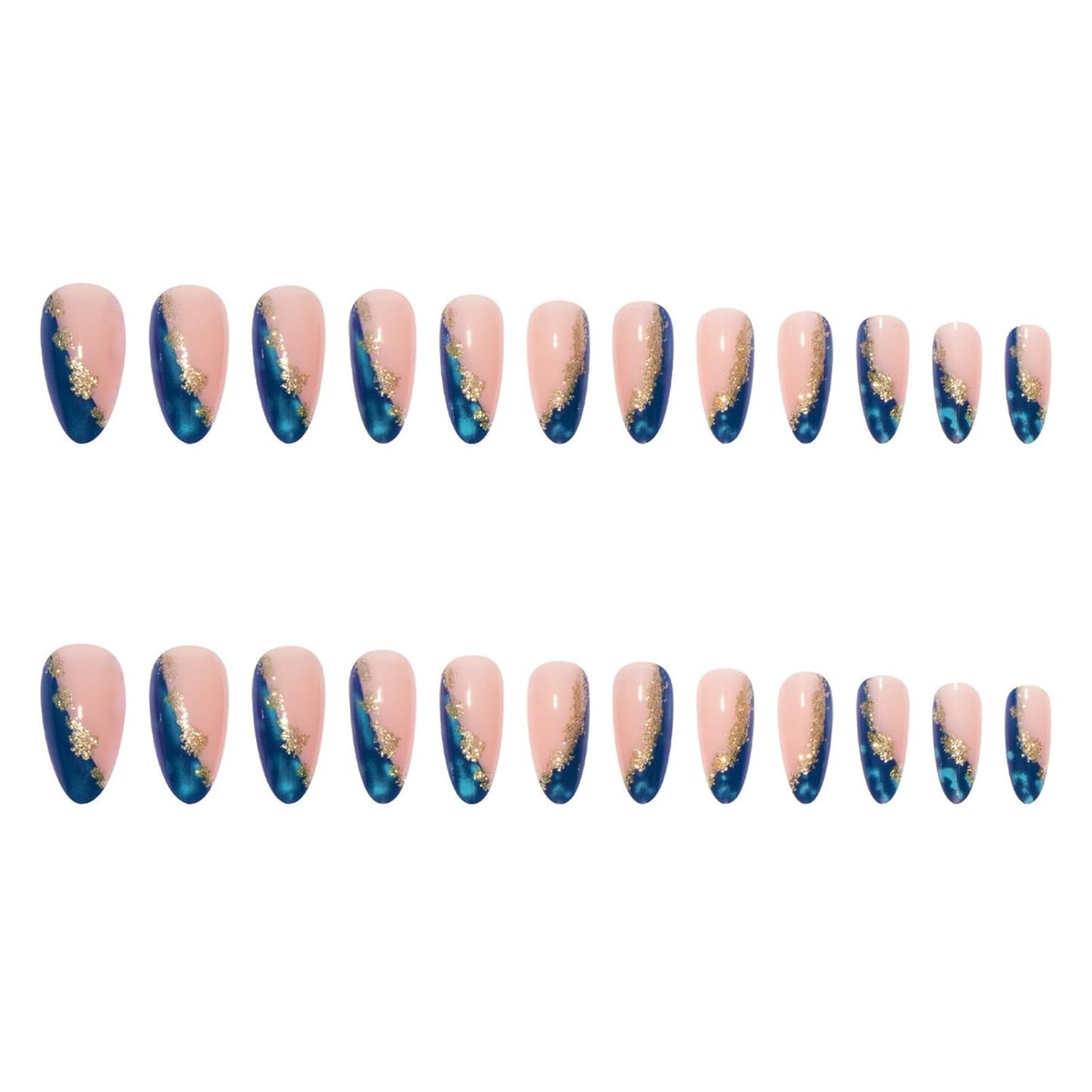 Almond Medium Press-On Nails - Blue Marble Full Cover with Gold Foil | 24 Pcs Glossy Artificial Nail Art for Women
