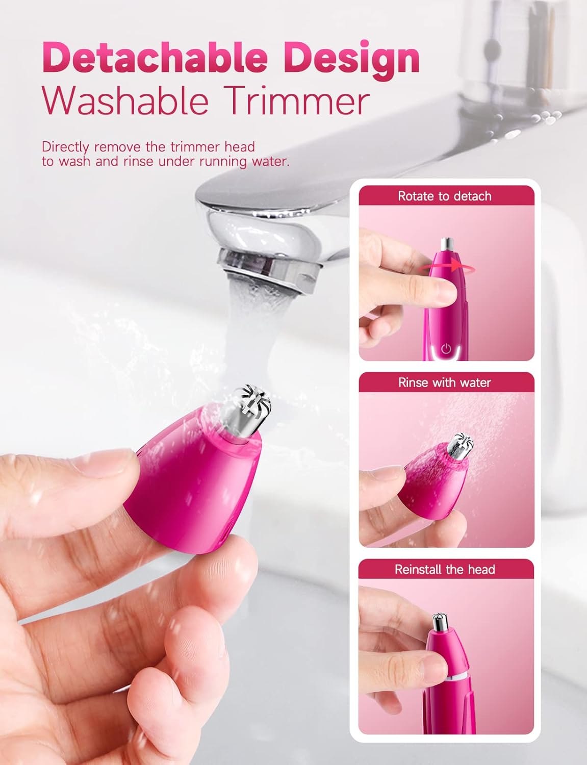 Rechargeable Ear and Nose Hair Trimmer - Professional Painless Facial Hair Trimmer with Dual-Edge Blades | Magenta