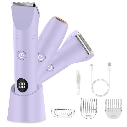 Bikini Trimmer for Women, Electric Razor for Pubic Hair 3-in-1, Bikini Shaver for Legs Body Hair, Womens Electric Razor IPX6 Waterproof, Gifts for Women,Purple
