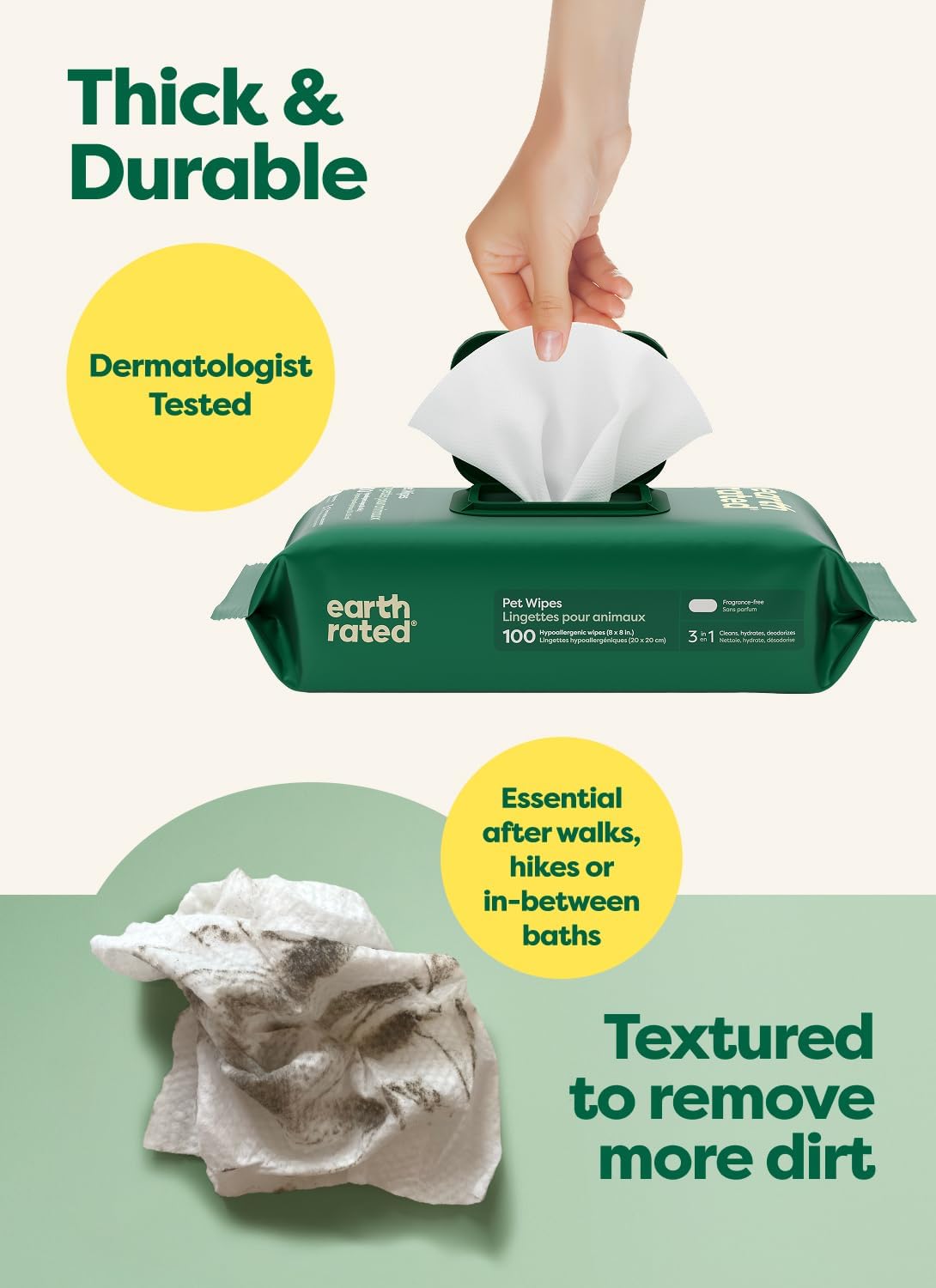 Earth Rated Pet Wipes - Hypoallergenic 3-in-1 Cleaning Wipes for Dogs & Cats | 100 Count, Unscented