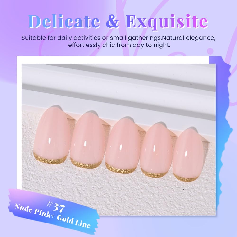 Nude Pink French Press-On Nails - Short Almond Shape | Reusable Soft Gel with Gold Foil Design