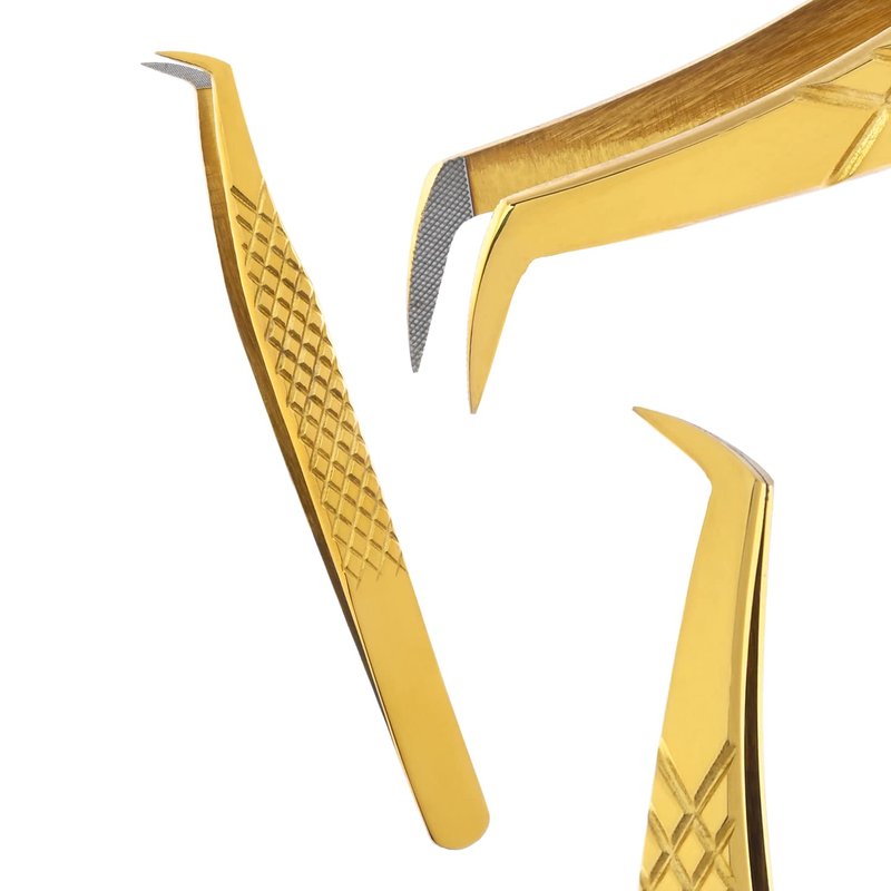 My Lash Tools Fiber Tip Lash Tweezers for Eyelash Extensions Professional Lash Tech Supplies Must Haves Volume Boot Eyelash Tweezers 12cm Stainless Steel Mink Fan Making Lashing Tweezer (Gold)