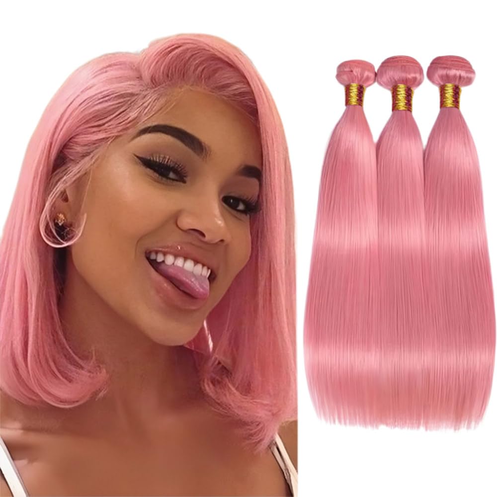 Pink Bundles Human Hair Straight Bundles 28 30 32 Inch Unprocessed Brazilian Virgin Hair 3 Bundle 50 Gram Per Bundle Deals Quick Weave Hair Extensions