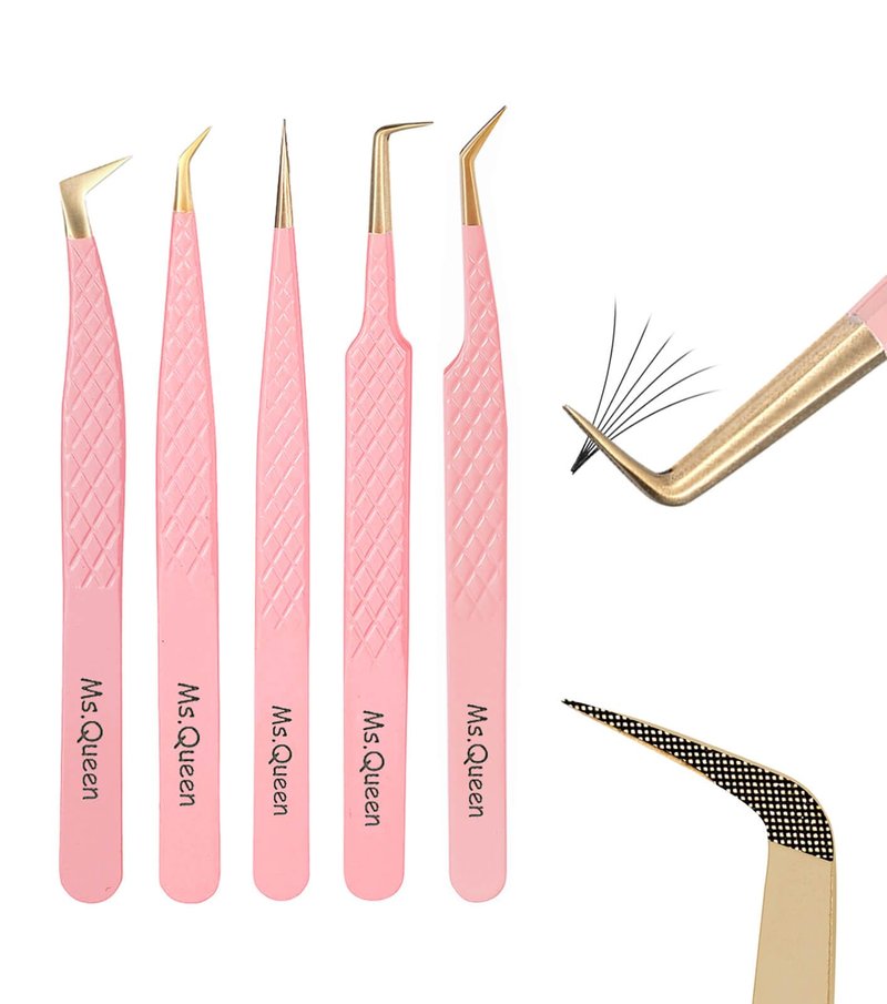 Ms.Queen Eyelash Extension Tweezers Set,5Pcs Fiber Tip Grip Isolation and 45 90 Degree Volume Lash Tweezers for Eyelash Extensions