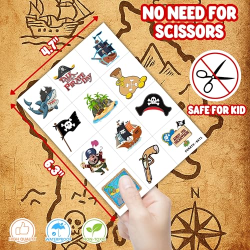 Pirate Temporary Tattoos for Kids - 60 Pre-Cut Party Favors