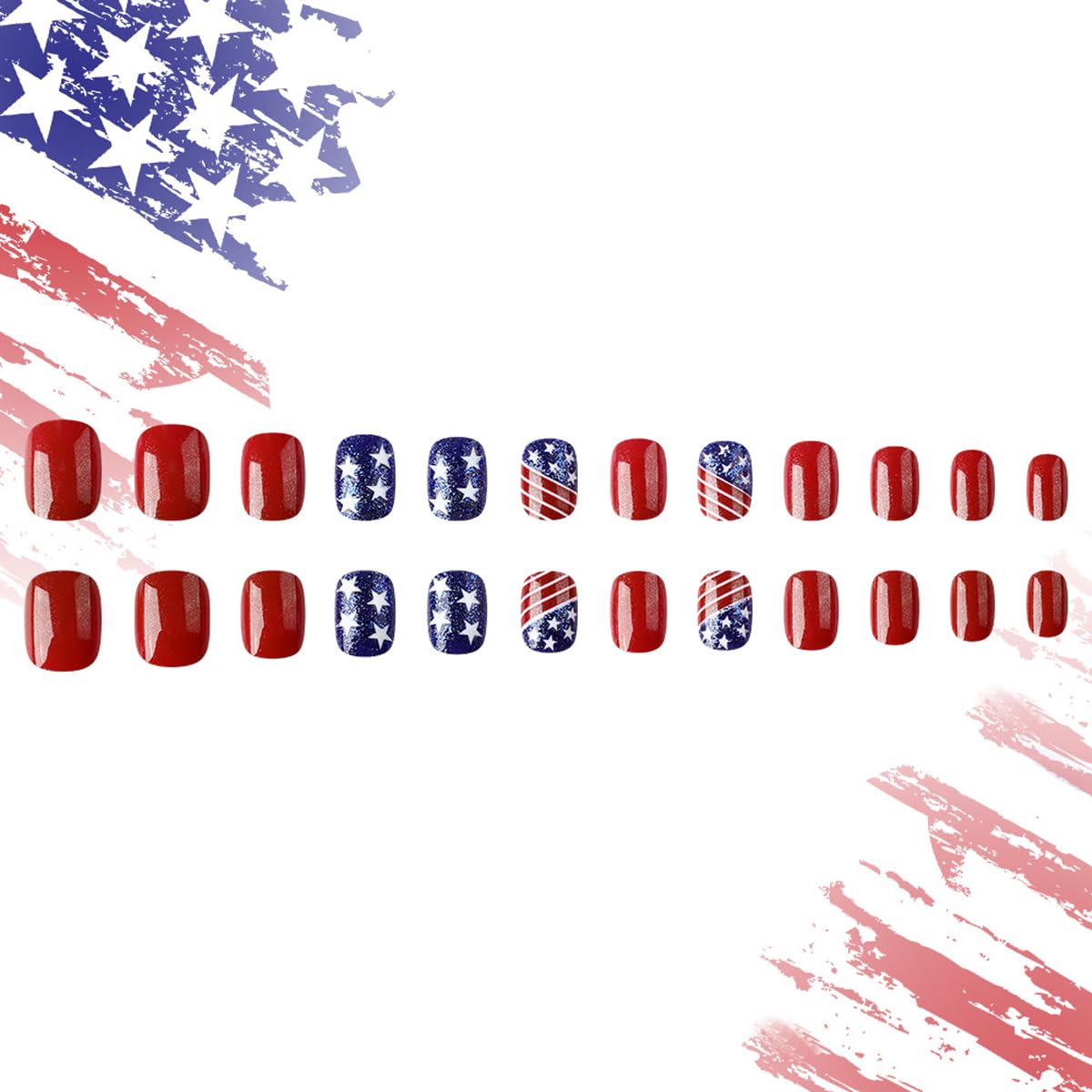 4th of July Press on Nails Short Square Fake Nails Patriotic Nails Press ons with American Flag Stars & Stripes Design,Reusable Artificial Nails,24Pcs Nail Kit for Women Independence Day Manicure