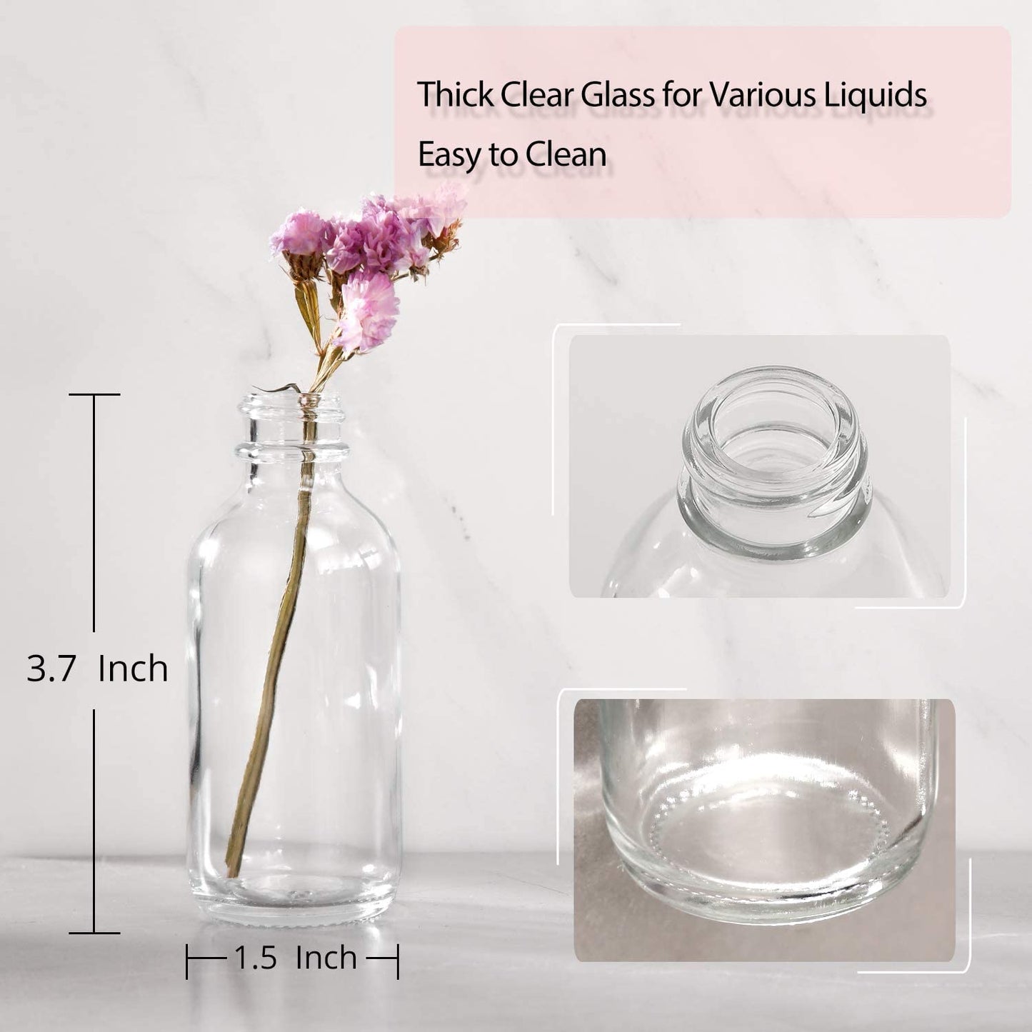 24 Pack, 2 oz Small Clear Glass Bottles w/ Lid & 6 Stainless Steel Funnels - 60ml Boston Sample Bottles - Mini Travel Essential or Decorative Bottles for Potion, Juice, Wellness, Ginger Shots, Whiskey