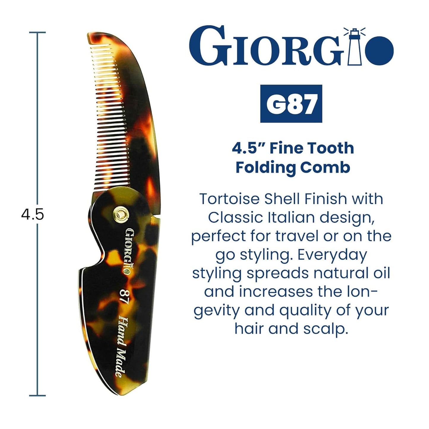 Giorgio G87 Fine Tooth Comb works as a Mustache and Beard Comb for Men - Add to any comb set, Handmade, Saw-cut, Hand Polished Pocket Styling Combs for Everyday Grooming and Hair Care Tokyo (4.5")