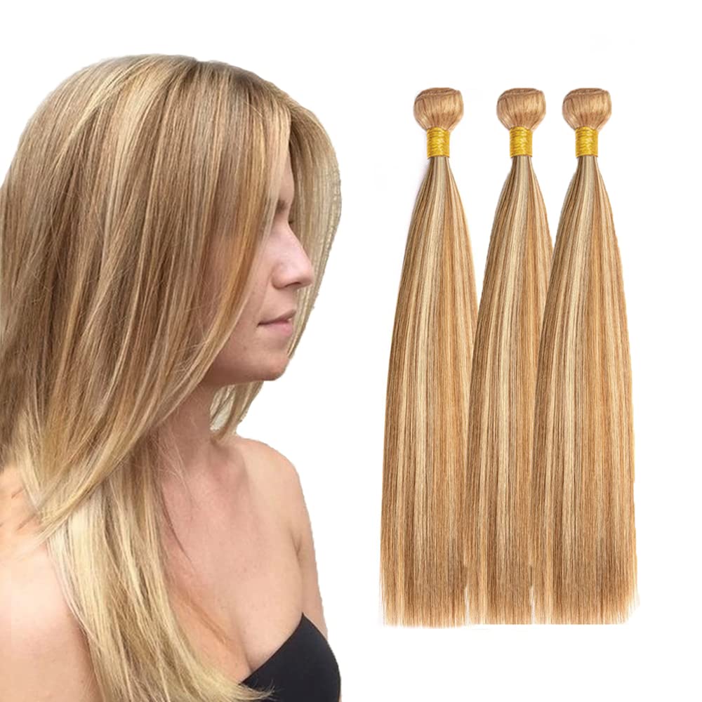 P27/613 Highlight Bundles Human Hair Straight Bundles 20 22 24 Inch Honey Blonde Unprocessed Brazilian Virgin Hair 3 Bundle 50 Gram Per Bundle Deals Quick Weave Hair Extensions