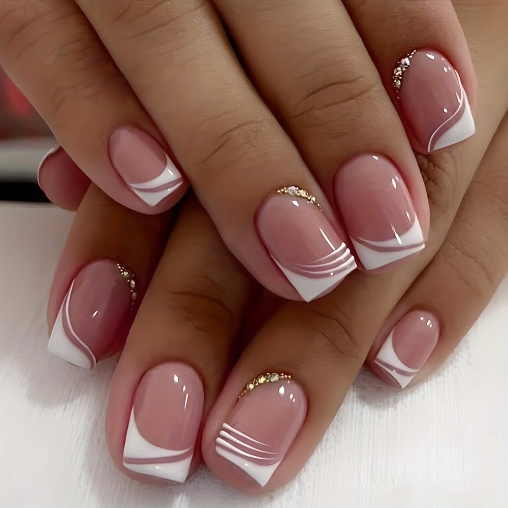Square French Press on Nails, Acrylic Short Medium Press on Nails White Edge Pink Fake Nails with Gold Rhinestones, Glue on Nails Reusable False Nails for Women