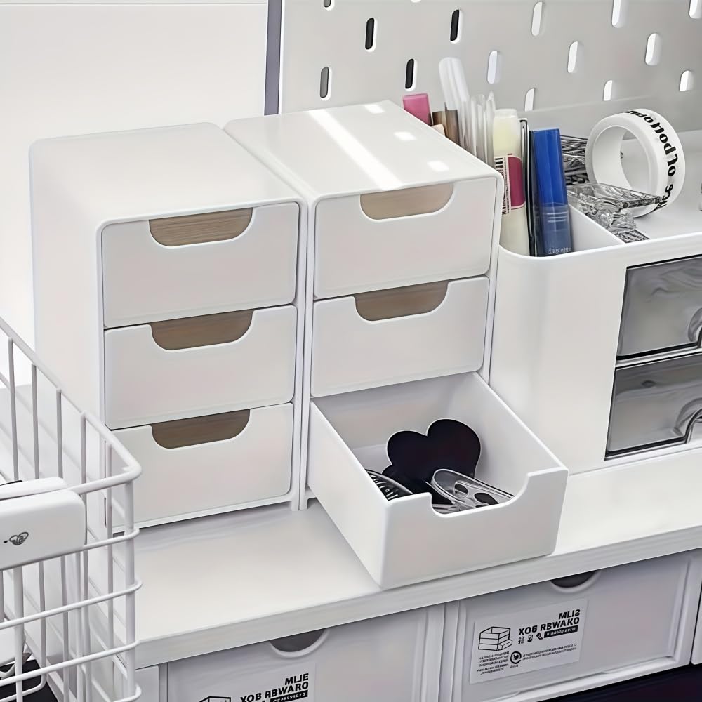 Three-Compartment Drawer Organizer Slim Stackable Portable Desk Office Jewelry Cosmetics for Desktop Drawers and Countertops, White