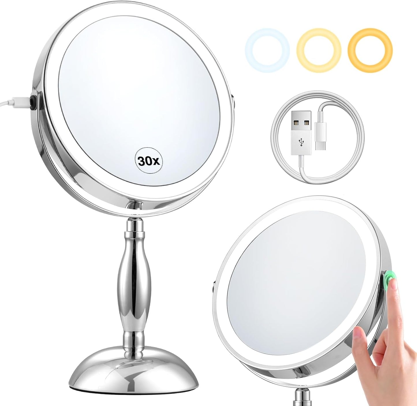 Lighted 30x Magnifying Makeup Mirror - Adjustable Brightness, 3 Color Modes | 5000mAh Rechargeable, 360° Rotation
