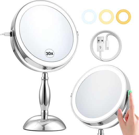 Lighted 30x Magnifying Makeup Mirror - Adjustable Brightness, 3 Color Modes | 5000mAh Rechargeable, 360° Rotation
