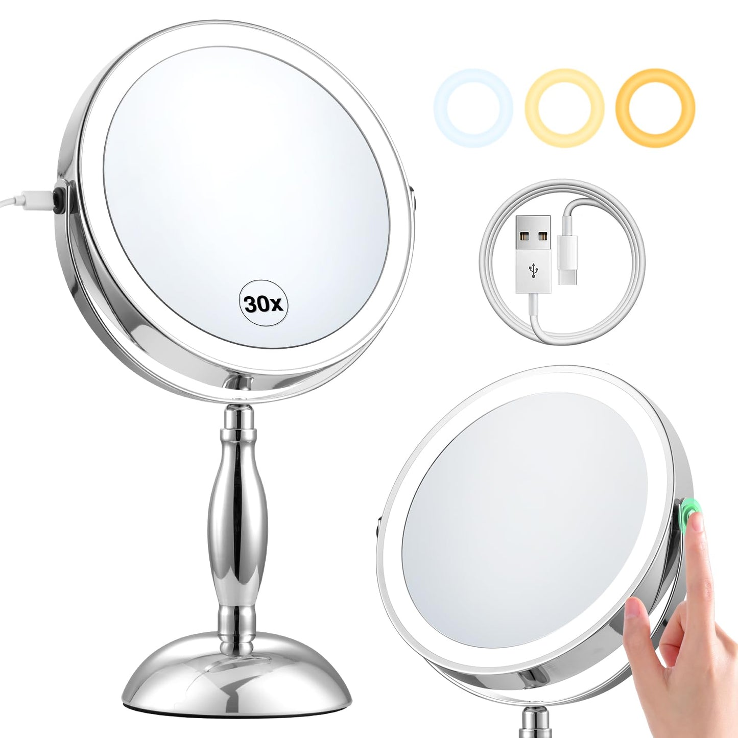 30x Magnifying Mirror, Chrome Lighted Makeup Mirror with 3 Colors Modes