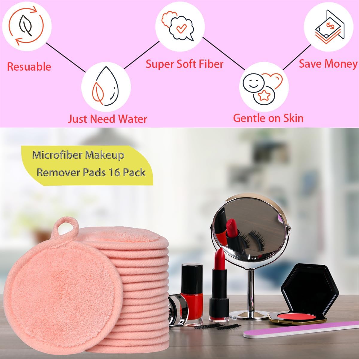 Reusable Makeup Remover Pads - Microfiber Facial Cleansing Cloths | 16 Soft Rounds for Easy Makeup Removal