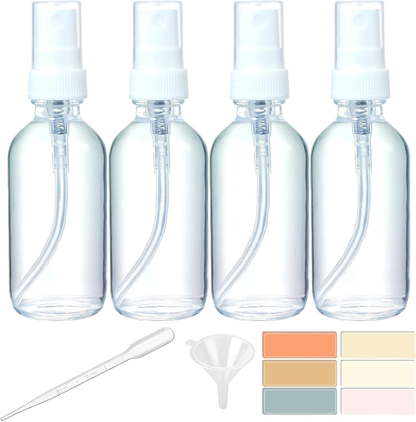 Clear Glass Spray Bottles - 4 Pack 2oz Fine Mist Atomizers for Essential Oils, Perfume & Travel | Leak-Proof Mini Spritzers with Labels & Funnel