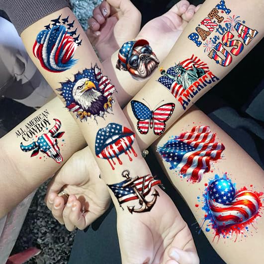 24 PCS Independence Day Temporary Tattoos | American Patriotic Face Freckles in Red, White & Blue