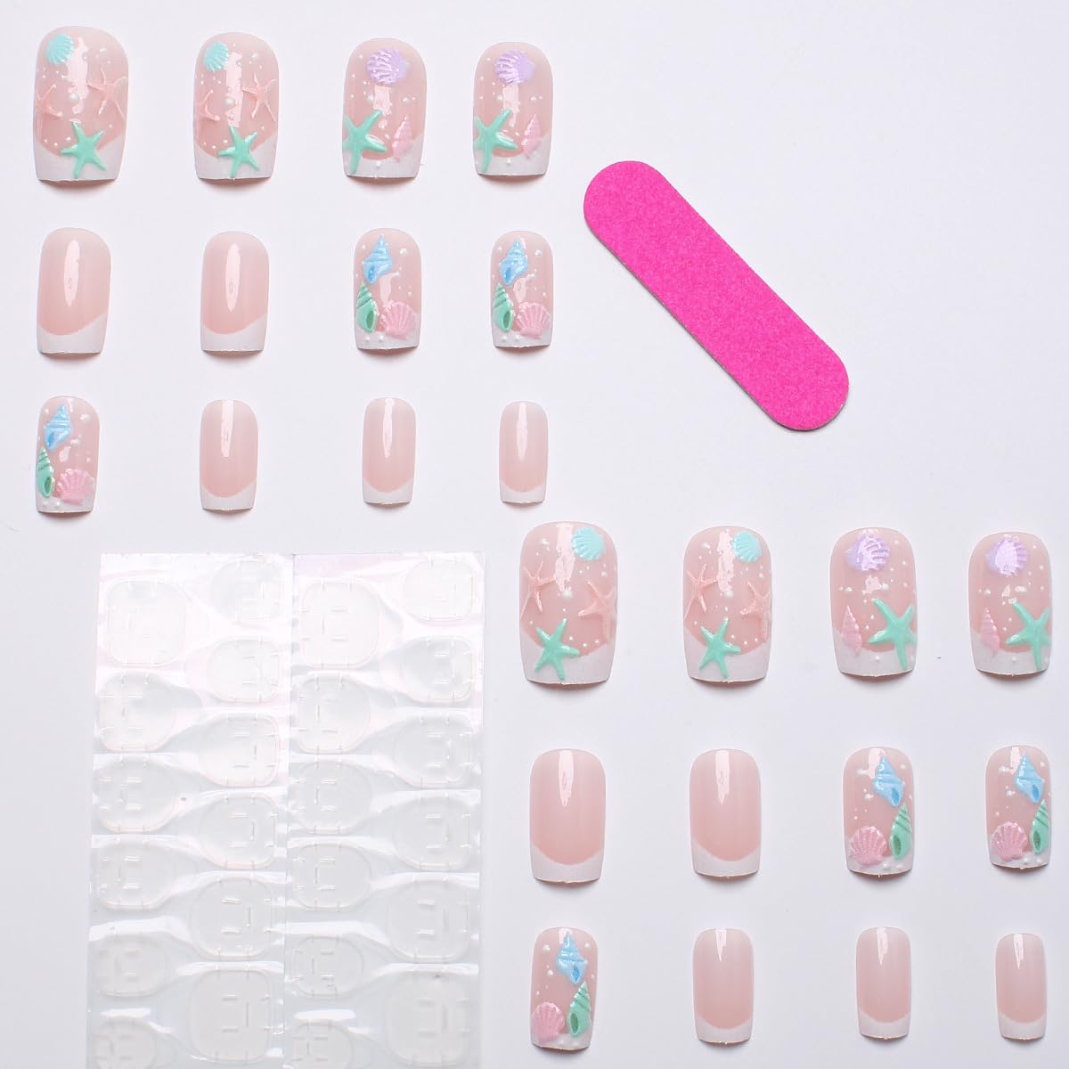 Press On Nails - Short Square Beach Design with Starfish & Shells | 24 Pcs Full Cover Acrylic Fingernails for Women