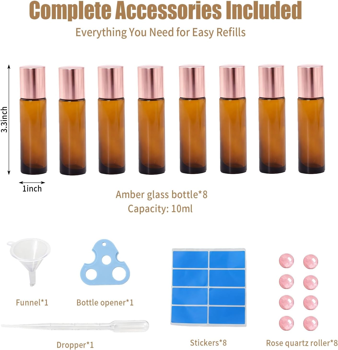 Rose Quartz Roller Bottles - 8 Pack 10ml Refillable Amber Glass Roll-On Bottles | Leak-Proof Travel Perfume with Crystal Roller Balls