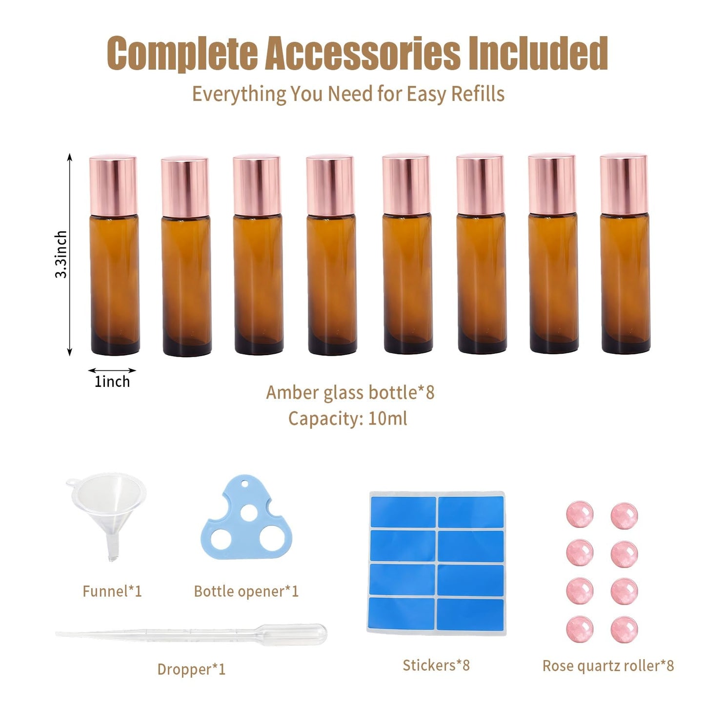 Warmify 8 Pack 10ml Rose Quartz Roll On Bottles for Essential Oils