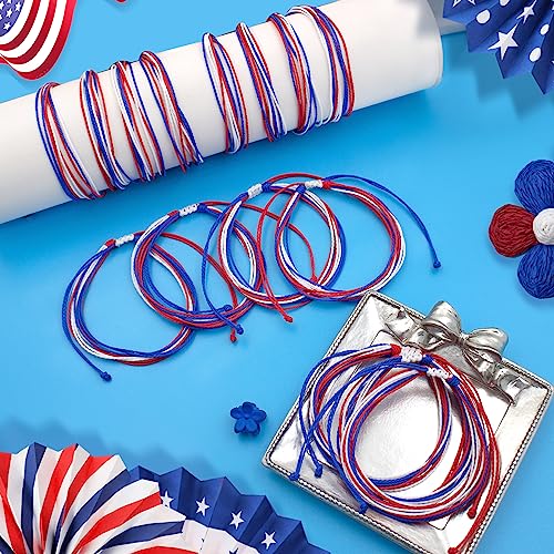 4th of July American Flag String Bracelets - 15 Pack Adjustable