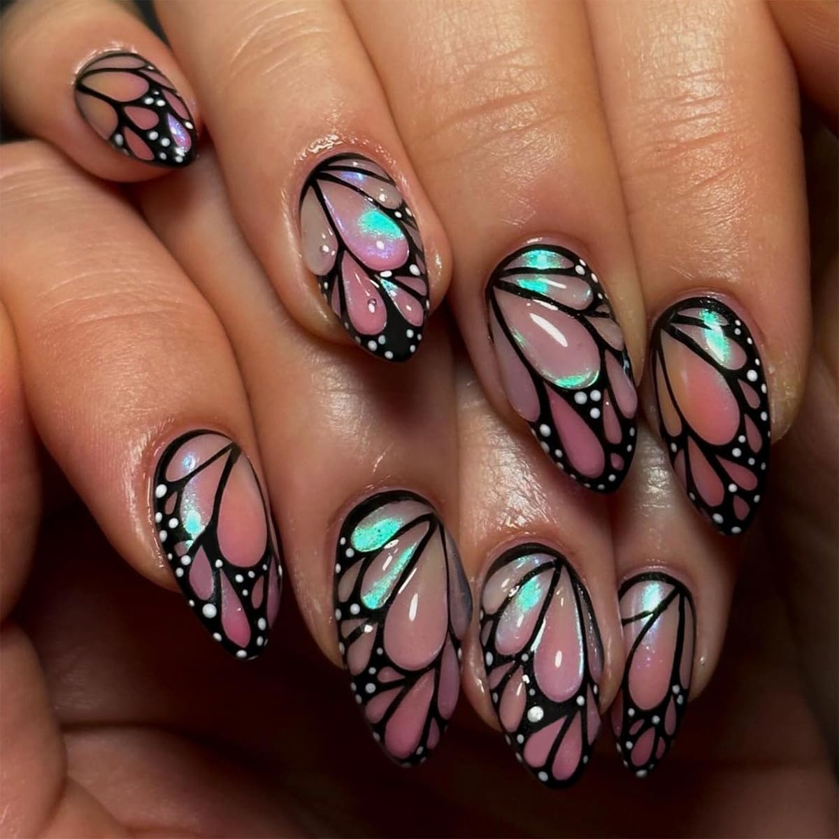 Cat Eye French Tip Press-On Nails - Nude & Pink Short Almond | Reusable Glue-On Nails with Gold Line for Weddings & Parties