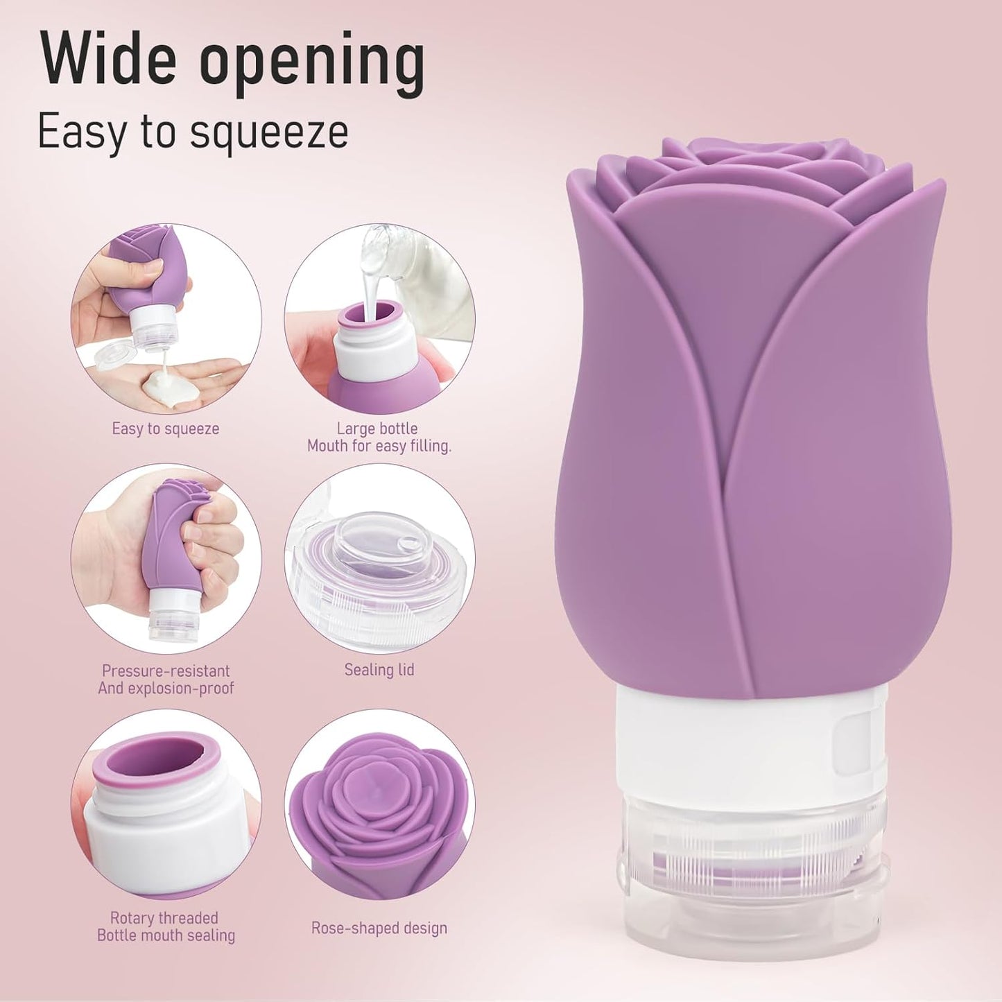 Travel Toiletry Containers - 4 Pack Leakproof 3oz Bottles & Mini Jars | BPA-Free Silicone Squeeze Tubes in Purple Rose