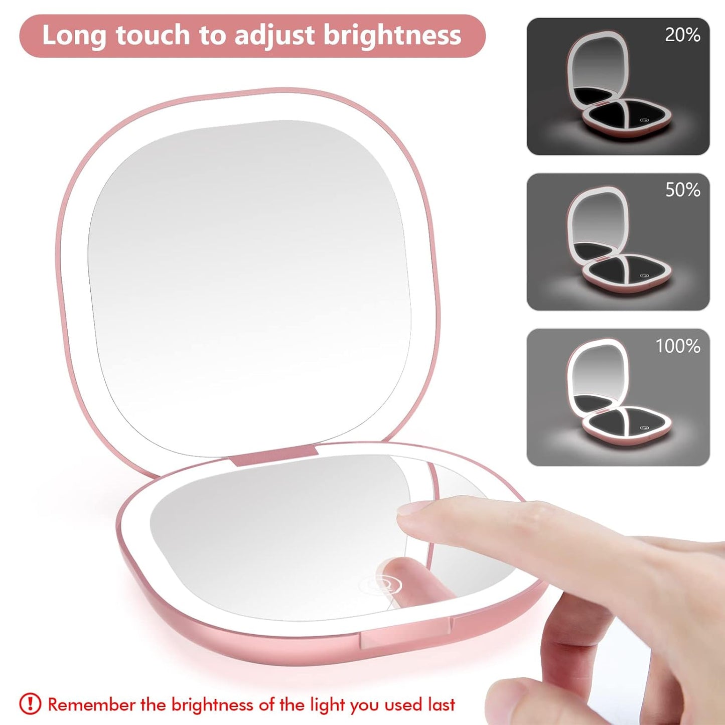 Travel Mirror with Light - Rechargeable 1x/10x Compact Magnifying Mirror | Dimmable Pocket Mirror, 3.5 Inch, Rose Gold