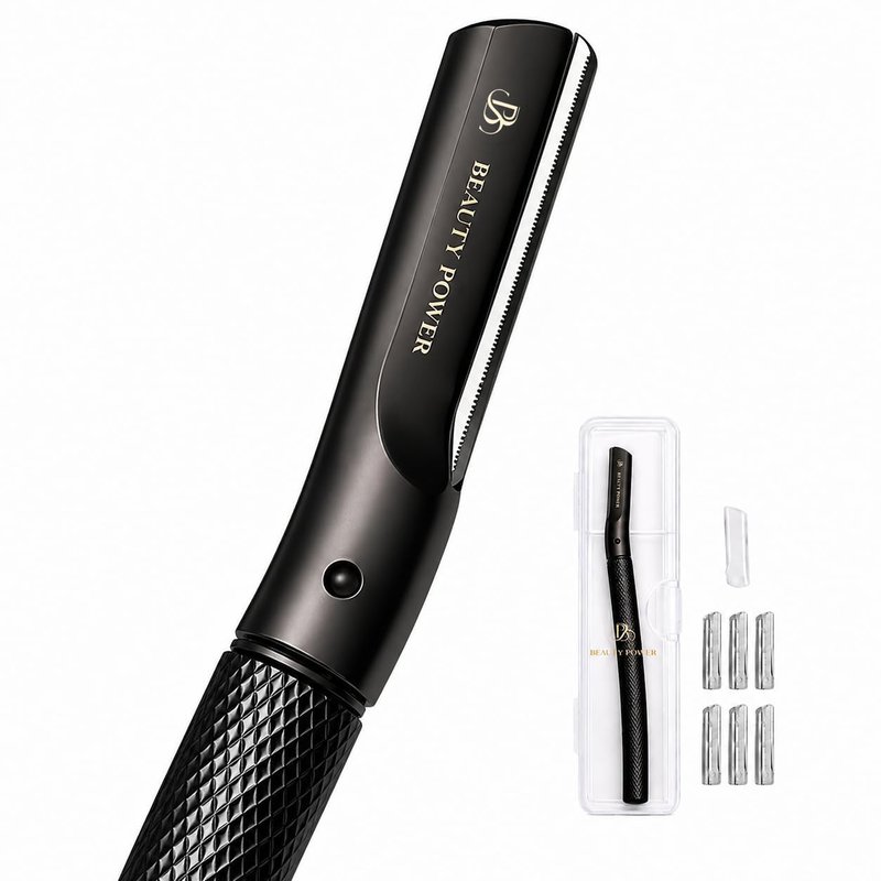 Beauty Power Eyebrow Razor with 6 Blades & Travel Case – Face Razors for Women & Men, Eyebrow Trimmer Shaper with Precision Cover, Facial Shaver & Dermaplaning Tool for Smooth Skin - Gift Idea - Black