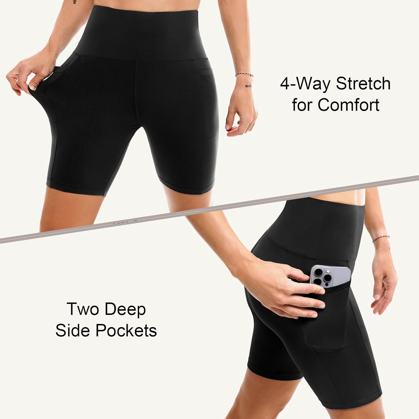 High Waisted Tummy Control Biker Shorts for Women - 2 Pack with Pockets | Yoga & Workout Gear