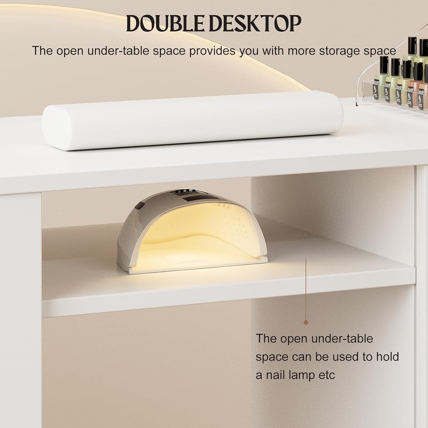 Manicure Table - Paddie Nail Desk with Extendable Surface, Trash Bag Holder & Lockable Wheels | White