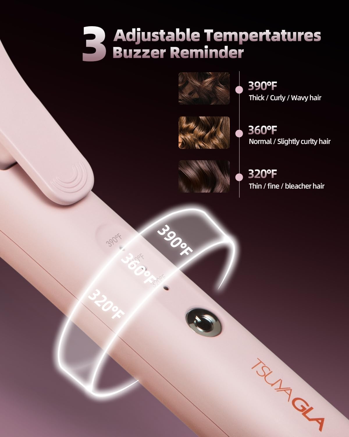 Large Hair Curling Wand - 1.6 Inch Ionic Ceramic Curling Iron with Auto Shut-Off & 3 Temp Settings | Pink