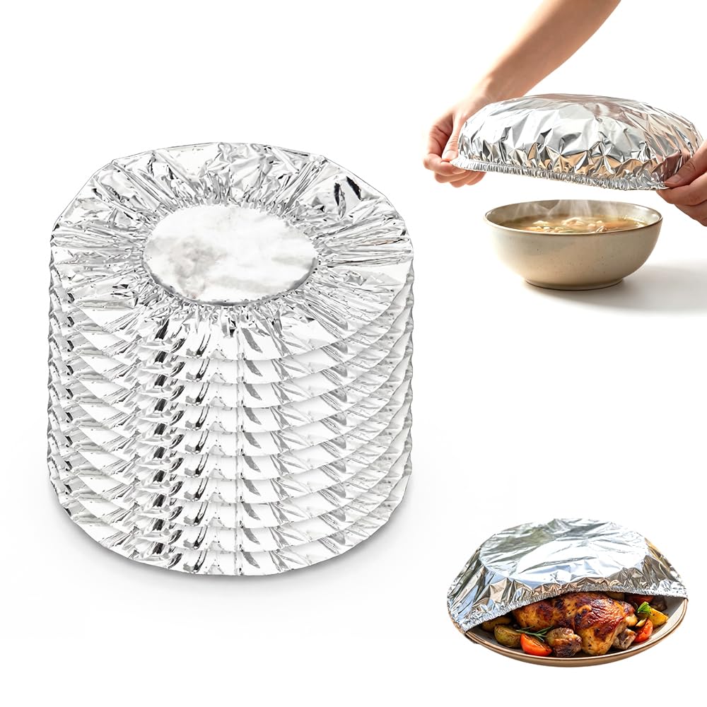 Reusable Aluminum Foil Food Covers, Aluminum Foil Heat-retaining Cover, Heat-Insulating Elastic Flexible Kitchen Lids for Meal Prep Baking Leftovers Food Storage Bowls Plates Containers (10)