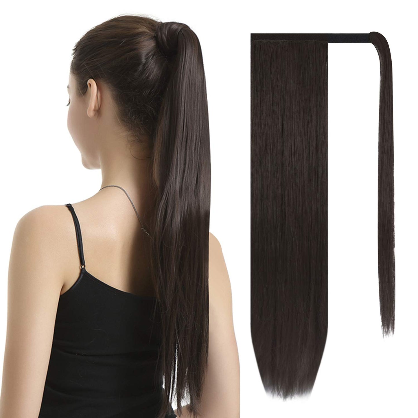 Dark Brown Straight Wrap Ponytail Extension - 24 Inch Clip-In Hairpiece for Black Women | Synthetic Hair
