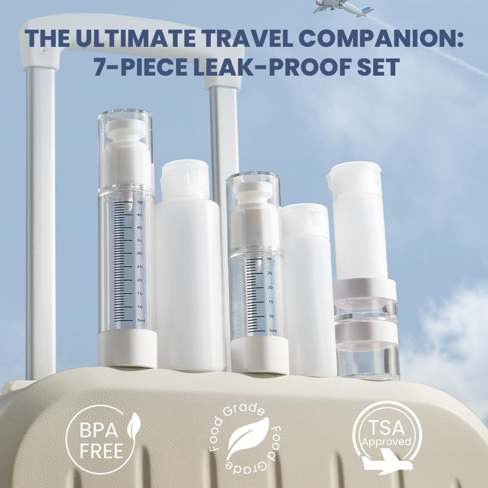 Travel Bottles Kits 7 Pcs , TSA Approved Leak Proof Toiletry Container Set, Graduated Vaccumn atomizer and Lotion Bottle, Squeeze Bottle, Transparent Cream Jar, for Shampoo Lotion Cream Cosmetic