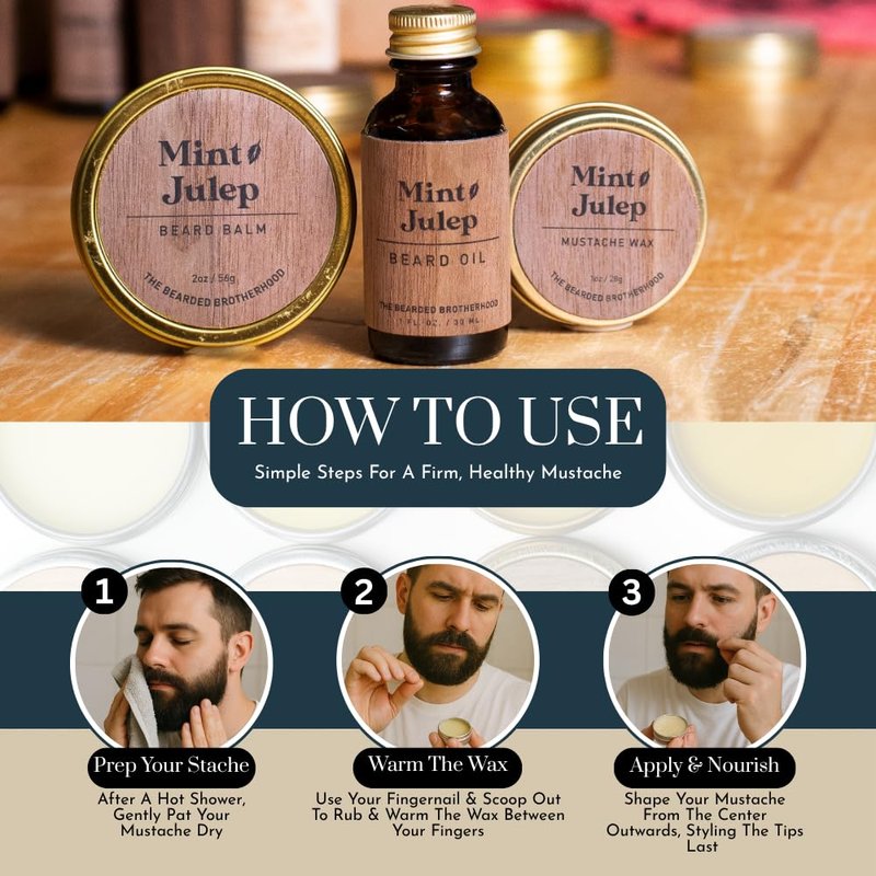 The Bearded Brotherhood Mint Julep Mustache Wax — 1 oz Tin, Strong Hold, Natural & Handcrafted (Bourbon + Mint Scent)